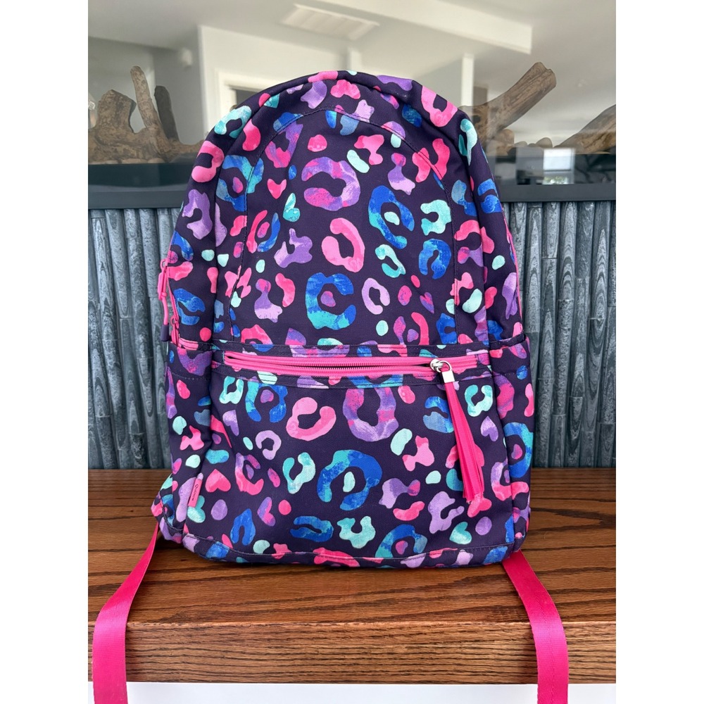 Quince Purple Leopard Print Backpack Multi Pocket Travel School Bag Pink Straps